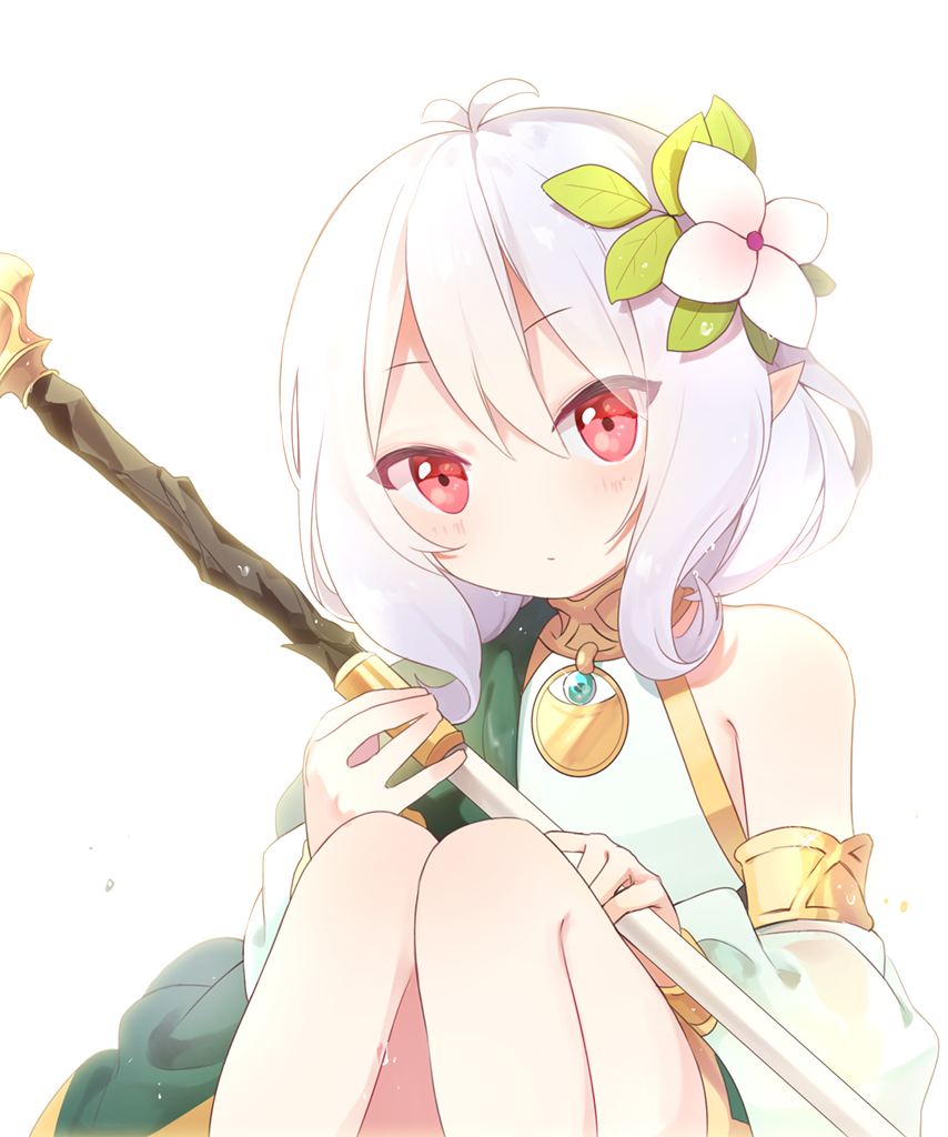 bad_id bad_pixiv_id bare_shoulders collar detached_sleeves kokkoro_(princess_connect!) looking_at_viewer pointy_ears princess_connect! princess_connect!_re:dive red_eyes sal sitting solo staff wet wet_hair white_background white_hair