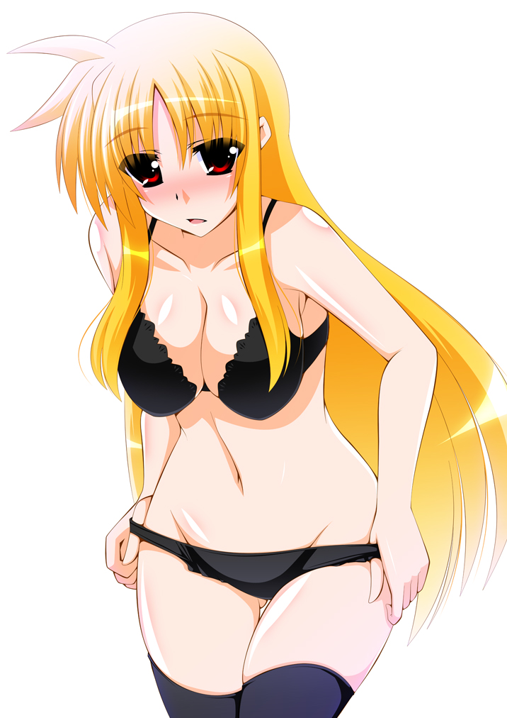 1girl bangs black_bra black_panties blonde_hair blush bra breasts commentary cowboy_shot engo_(aquawatery) eyebrows_visible_through_hair fate_testarossa frown gluteal_fold groin large_breasts leaning_forward long_hair looking_at_viewer lyrical_nanoha navel open_mouth panties panty_pull pulled_by_self red_eyes shiny shiny_skin skindentation solo standing thigh_gap thighs underwear underwear_only very_long_hair