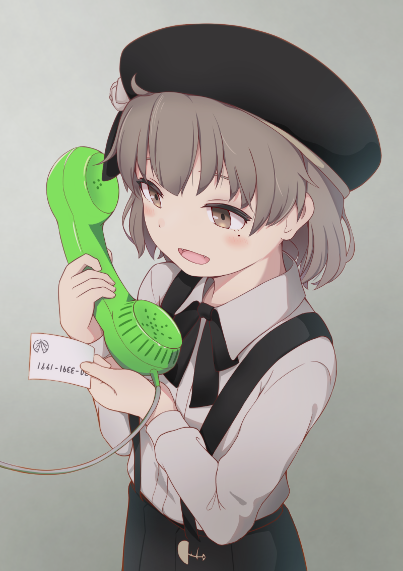 1girl beret black_bow black_hat black_ribbon black_skirt blouse bow brown_eyes brown_hair collared_shirt commentary_request corded_phone fangs flower grey_background hair_flower hair_ornament hat hatafuta hatoba_tsugu hatoba_tsugu_(character) holding holding_paper holding_phone long_sleeves mole mole_under_eye number open_mouth paper phone ribbon rose shirt short_hair simple_background skirt smile solo standing suspender_skirt suspenders talking_on_phone upper_body virtual_youtuber white_blouse white_flower white_rose white_shirt
