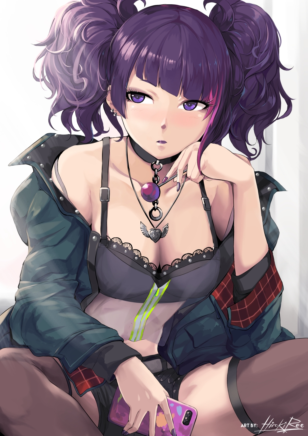 1girl bangs black_bra black_choker blush bra breasts candy cellphone choker cleavage closed_mouth collarbone commentary diagonal_bangs earrings eyebrows_visible_through_hair food highres hiroki_ree holding holding_food holding_phone idolmaster idolmaster_shiny_colors jacket jewelry lollipop long_hair looking_at_viewer medium_breasts multicolored_hair multiple_earrings nail_polish necklace phone pink_hair purple_eyes purple_hair purple_lips see-through shirt short_twintails sidelocks signature sitting skirt smartphone solo streaked_hair tanaka_mamimi thighhighs twintails underwear