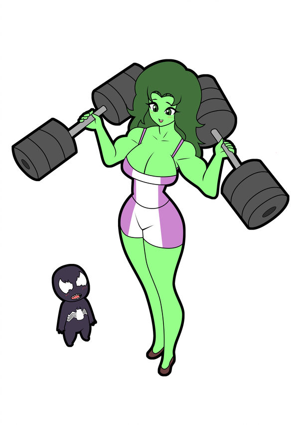 exercise green_hair green_skin marvel muscular_woman she-hulk strong_woman venom