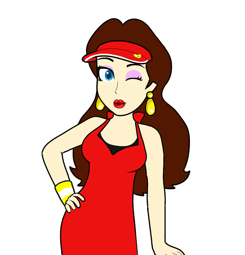 1girl blue_eyes breasts brown_hair cleavage donkey_kong_(series) dress earrings eyeshadow female hand_on_hip hat jewelry lipstick long_hair makeup mario_(series) mario_tennis nintendo pauline pose red_dress solo super_mario_odyssey white_background wink