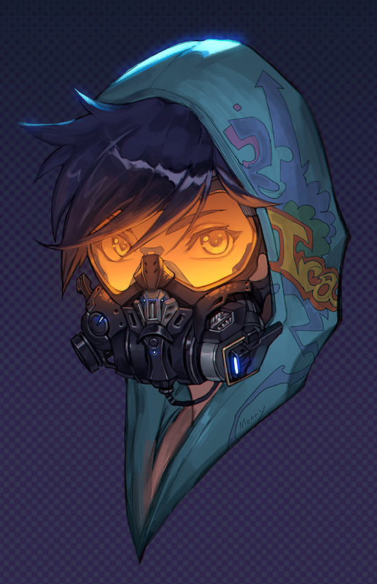 alternate_costume artist_name blue_hair face gas_mask goggles graffiti_tracer hood hoodie looking_at_viewer na_in-sung overwatch solo tracer_(overwatch)