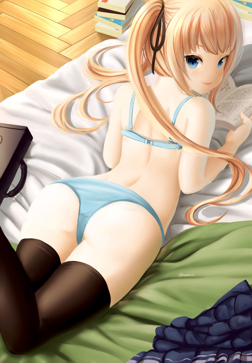 bed_sheet black_legwear black_ribbon black_skirt blonde_hair blue_bra blue_eyes blue_panties blush book book_stack bra closed_mouth dkoro fang_out from_above hair_ribbon highres long_hair looking_back lying on_bed on_stomach open_book panties pleated_skirt ribbon saenai_heroine_no_sodatekata sawamura_spencer_eriri school_briefcase skirt skirt_removed smile thighhighs twintails twitter_username underwear wooden_floor