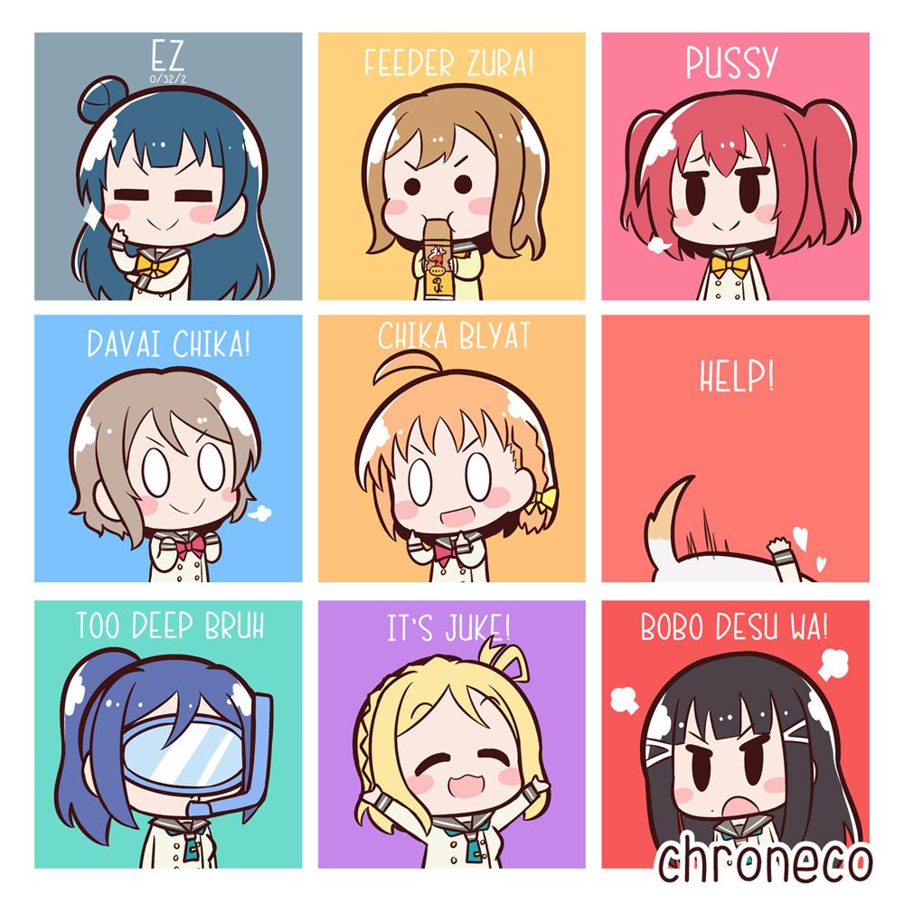 &gt;:) 6+girls :o :| =_= ^_^ ^o^ ahoge arms_up black_hair blonde_hair blue_hair blue_neckwear blush blush_stickers bow brown_hair chroneco closed_eyes closed_mouth counter-strike defense_of_the_ancients dog eating food_in_mouth hair_bow hair_ornament hair_ribbon hairclip kunikida_hanamaru kurosawa_dia kurosawa_ruby long_hair love_live! love_live!_sunshine!! matsuura_kanan meta middle_finger mole mole_under_mouth multicolored multicolored_background multiple_girls neck_ribbon ohara_mari orange_hair red_hair red_neckwear ribbon sakurauchi_riko school_uniform serafuku short_hair side_bun silver_hair smile takami_chika tsushima_yoshiko two uranohoshi_school_uniform v-shaped_eyebrows watanabe_you white_hair yellow_neckwear