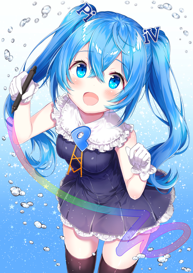 :d bangs black_legwear blue_background blue_eyes blue_hair blush chitetan collar commentary_request drawing dress eyebrows_visible_through_hair frilled_collar frills from_above gloves gradient gradient_background hair_between_eyes holding holding_stylus long_hair looking_at_viewer looking_up open_mouth original pixiv pixiv-tan purple_dress smile solo star stylus thighhighs twintails very_long_hair water_drop white_background white_collar white_gloves