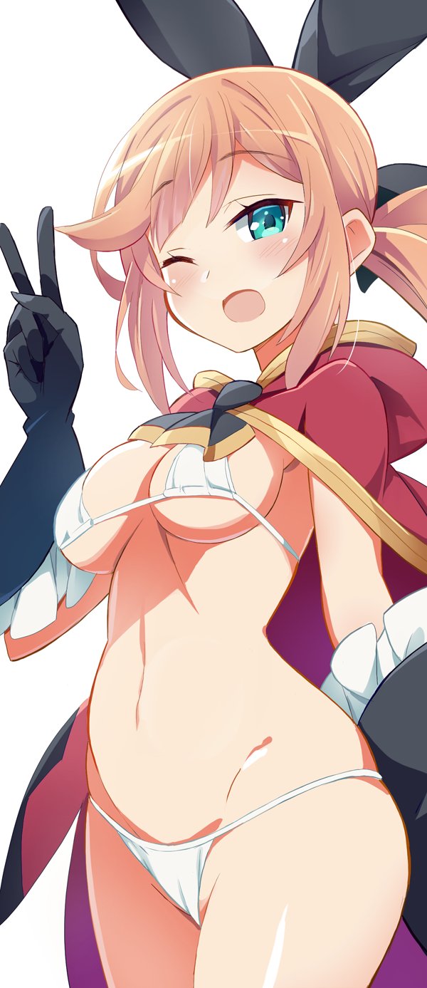 9law ;d aqua_eyes ascot bikini black_gloves bow breasts brown_hair cape clarisse_(granblue_fantasy) cowboy_shot eyebrows_visible_through_hair frill_trim gloves granblue_fantasy hair_bow highres looking_at_viewer medium_breasts navel one_eye_closed open_mouth ponytail sidelocks simple_background smile solo string_bikini swimsuit underboob v white_background white_bikini