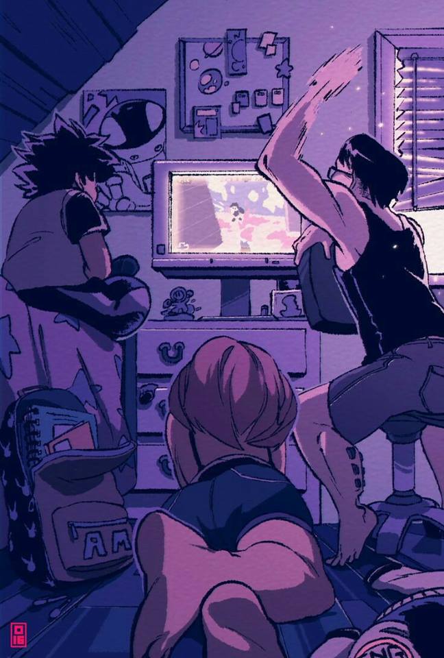 1girl 2boys ass back backpack bed bedroom black_hair boku_no_hero_academia brown_hair chair classmates feet figurines floor hand_gesture hips iida_tenya indoors inside jacket large_ass laying midoriya_izuku multiple_boys notebooks poster room shirt short_hair short_shorts sitting staring tank_top television together tv uraraka_ochako watching wide_hips