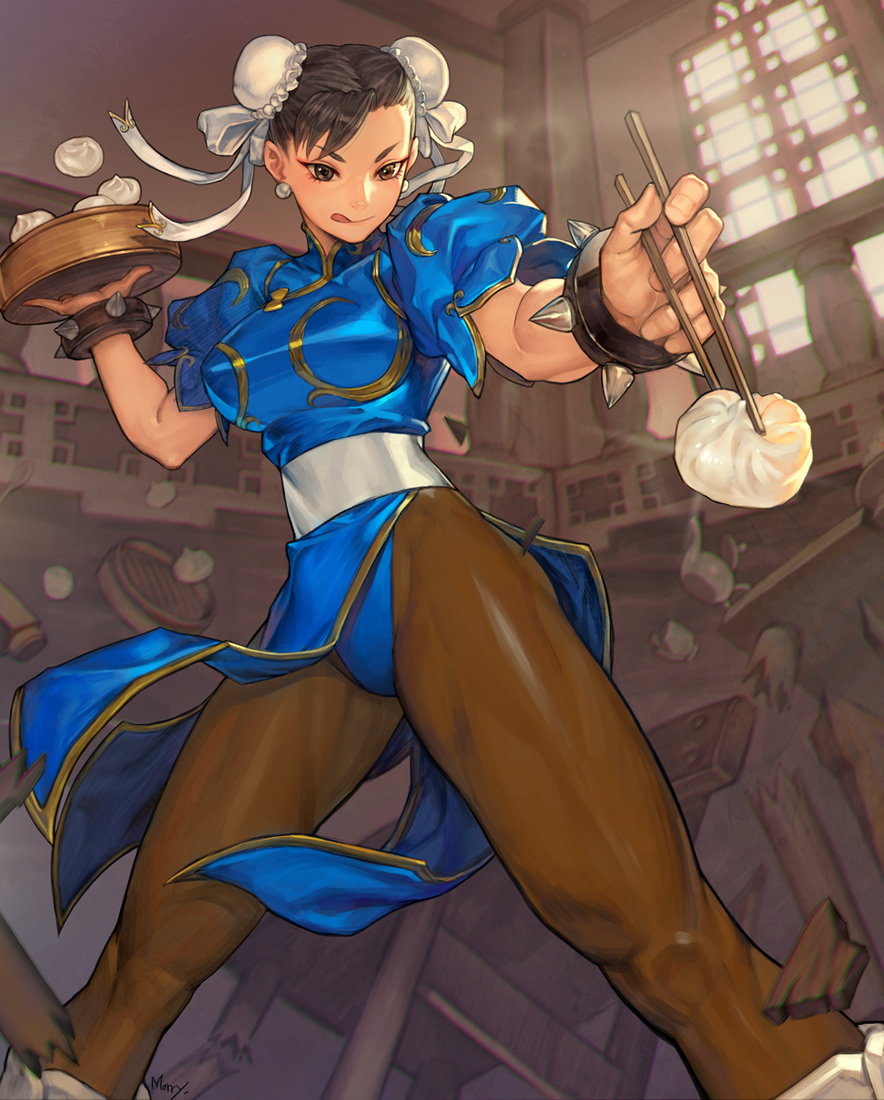 baozi black_hair bracelet broken_furniture bun_cover chair chinese_clothes chopsticks chun-li double_bun earrings eyeshadow food holding holding_chopsticks jewelry licking_lips makeup na_in-sung pantyhose puffy_short_sleeves puffy_sleeves short_sleeves smile solo spiked_bracelet spikes street_fighter thick_thighs thighs toned tongue tongue_out window
