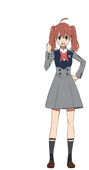 brown_footwear darling_in_the_franxx dress full_body green_eyes hand_on_hip looking_at_viewer mary_janes miku_(darling_in_the_franxx) official_art open_mouth school_uniform shoes smile sock_garters socks solo standing tanaka_masayoshi transparent_background twintails