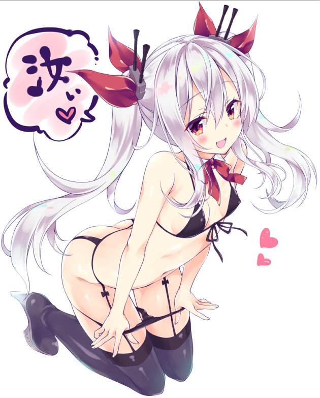 ass azur_lane black_bikini_top black_panties blush breasts brown_eyes commentary_request front-tie_top garter_straps hair_ribbon heart high_heels open_mouth panties panty_pull ribbon sasorigatame silver_hair small_breasts solo thighhighs twintails underwear undressing vampire_(azur_lane)