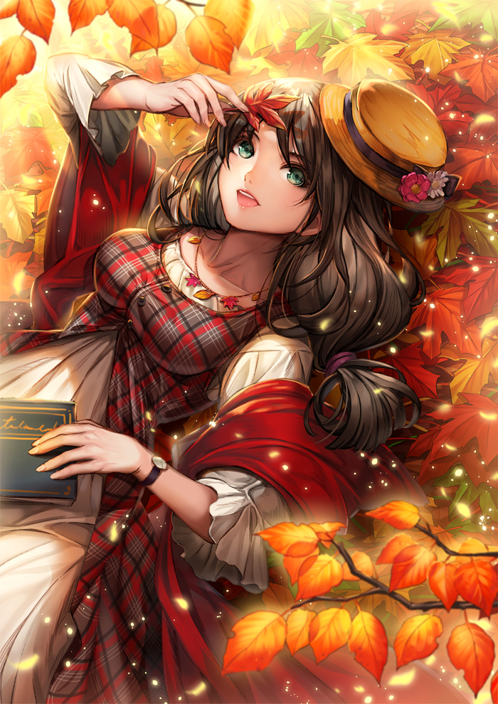 :d arm_up autumn autumn_leaves bangs blush book breasts brown_hair brown_hat collarbone dress ells eyebrows_visible_through_hair fedora flower from_above green_eyes hair_tie hat hat_flower holding holding_leaf jewelry layered_dress leaf light_particles long_hair long_sleeves looking_at_viewer looking_up low-tied_long_hair lying medium_breasts necklace on_back open_mouth original outdoors plaid round_teeth shawl smile solo swept_bangs teeth watch wristwatch