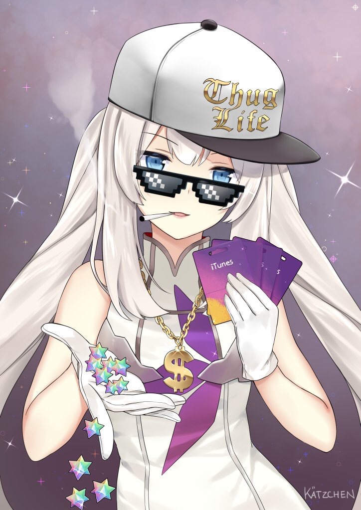 artist_name blue_eyes chain commentary deal_with_it dollar_sign english english_commentary fate/grand_order fate_(series) gift_card gloves gold_chain hat itunes jewelry kaetzchen long_hair looking_at_viewer marie_antoinette_(fate/grand_order) marijuana meme mlg mouth_hold necklace open_mouth peaked_cap pixelated saint_quartz silver_hair sleeveless smoking solo sparkle sunglasses twintails upper_body white_gloves white_hair