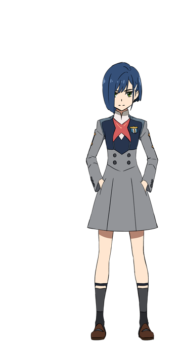 blue_hair brown_footwear closed_mouth darling_in_the_franxx dress expressionless full_body green_eyes grey_dress hair_ornament hair_over_one_eye hairclip hands_in_pockets ichigo_(darling_in_the_franxx) long_sleeves looking_at_viewer mary_janes military military_uniform official_art school_uniform shoes short_hair sock_garters socks solo standing tanaka_masayoshi transparent_background uniform