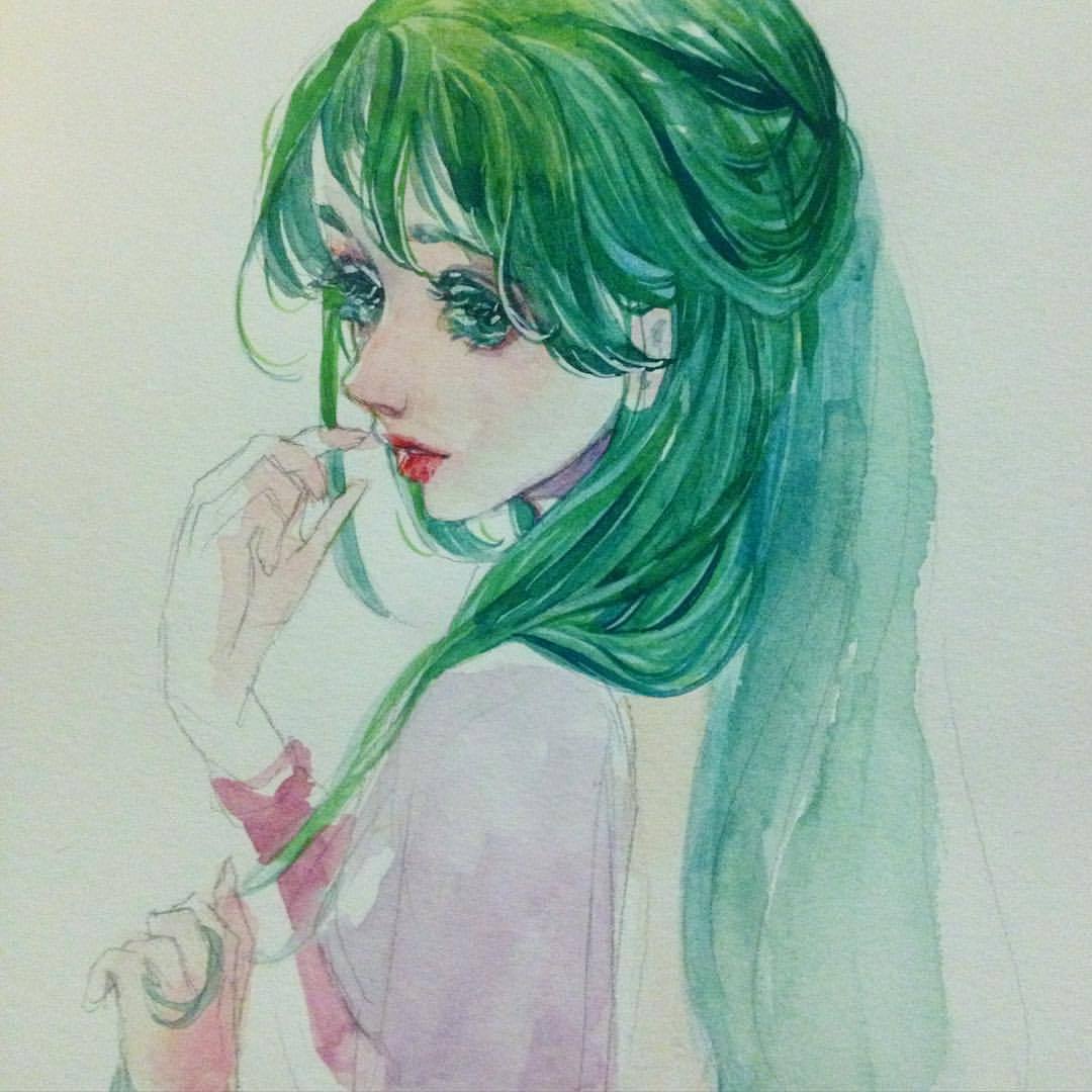 1girl bangs commentary conniekims english_commentary green_eyes green_hair hair_over_shoulder hair_twirling hand_to_own_mouth hand_up lips lipstick long_hair looking_at_viewer makeup original photo red_lipstick shirt solo traditional_media watercolor_(medium) white_shirt