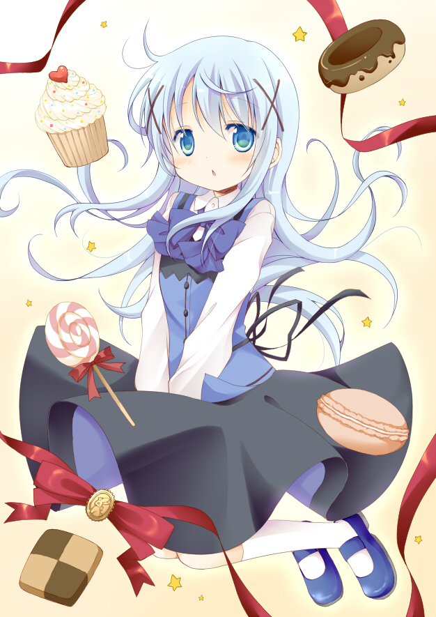 :o bangs black_skirt blue_eyes blue_footwear blue_neckwear bow bowtie breasts buttons candy checkerboard_cookie chestnut_mouth collared_shirt commentary_request cookie cupcake doughnut eyebrows_visible_through_hair food gochuumon_wa_usagi_desu_ka? gradient gradient_background hair_ornament kafuu_chino kneehighs light_blue_hair lollipop long_hair long_sleeves looking_at_viewer macaron multicolored_hair open_mouth oumi_neneha rabbit_house_uniform red_ribbon ribbon shirt sidelocks skirt small_breasts solo two-tone_hair white_legwear white_shirt wing_collar x_hair_ornament