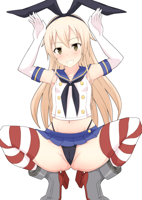 :d arms_up bangs black_hairband black_neckwear black_panties blonde_hair blue_sailor_collar blue_skirt blush breasts bunny_pose cameltoe commentary_request crop_top elbow_gloves eyebrows_visible_through_hair full_body gloves grey_footwear groin hairband head_tilt highleg highleg_panties kantai_collection long_hair looking_at_viewer microskirt midriff mingaru navel neckerchief open_mouth panties sailor_collar shimakaze_(kantai_collection) shirt sidelocks simple_background skirt sleeveless sleeveless_shirt small_breasts smile solo spread_legs squatting striped striped_legwear teeth thighhighs underwear white_background white_gloves white_shirt yellow_eyes