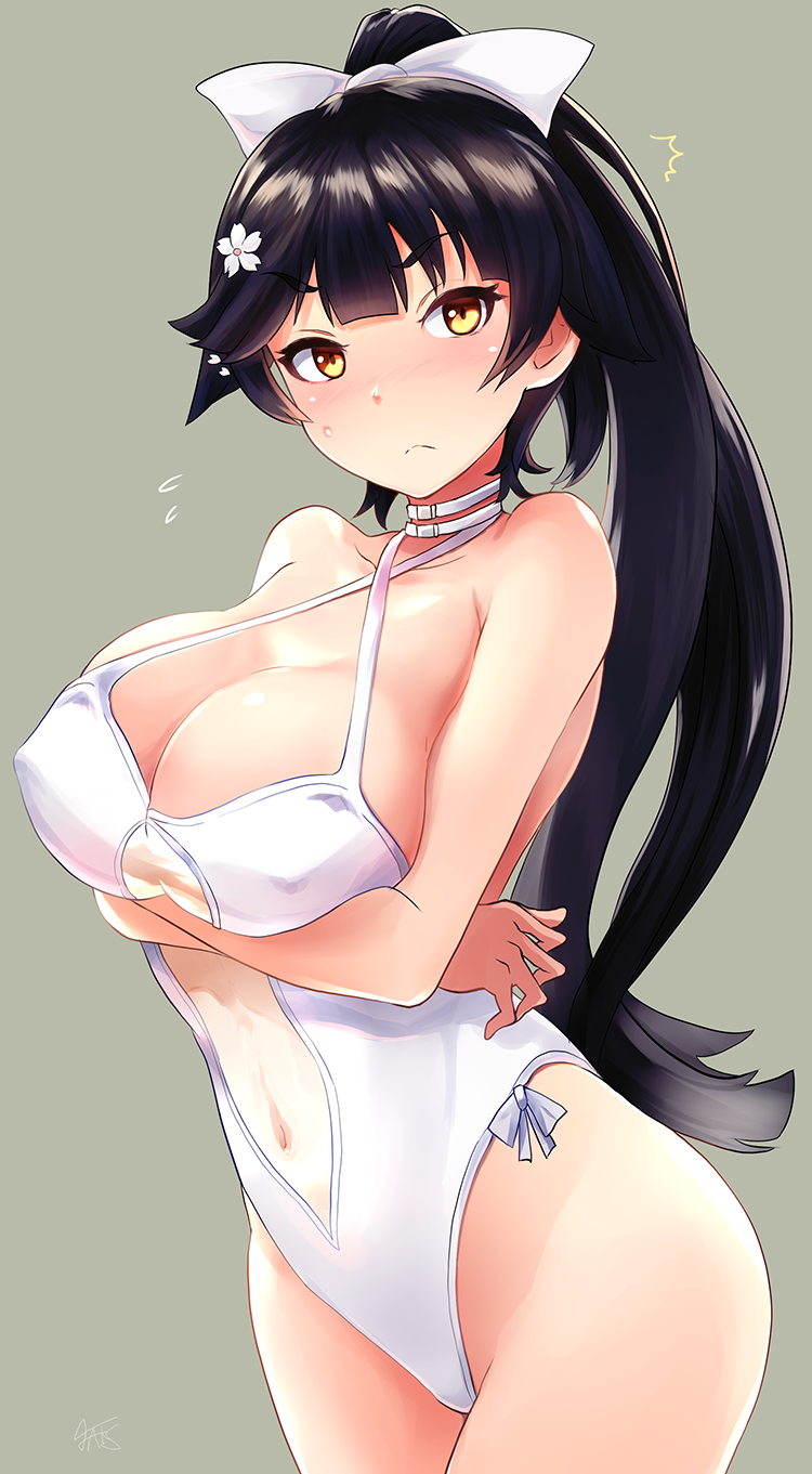 azur_lane black_hair bow breasts brown_eyes casual_one-piece_swimsuit choker cleavage covered_nipples cowboy_shot flower grey_background hair_bow hair_flower hair_ornament highres large_breasts long_hair looking_at_viewer navel_cutout one-piece_swimsuit ponytail signature simple_background solo swimsuit taka_shida takao_(azur_lane) white_bow white_swimsuit