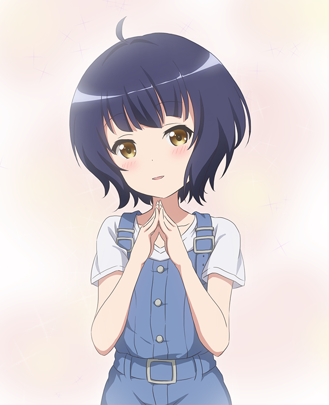 :d ahoge bangs blue_hair blunt_bangs blush buttons collarbone commentary_request eyebrows_visible_through_hair fingers_together flat_chest gochuumon_wa_usagi_desu_ka? head_tilt jouga_maya looking_at_viewer open_mouth overalls parted_lips red_star_(toranecomet) shirt short_hair short_sleeves smile solo t-shirt two-tone_background upper_body white_shirt yellow_eyes