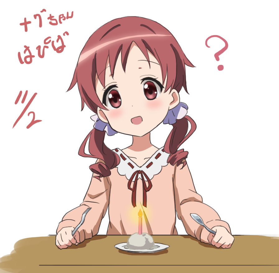 :d ? bangs blush candle collarbone collared_dress commentary_request dated dress eyebrows_visible_through_hair flat_chest food fork gochuumon_wa_usagi_desu_ka? hair_ornament hair_scrunchie head_tilt holding holding_fork holding_spoon long_hair long_sleeves looking_at_viewer mochi natsu_megumi open_mouth parted_bangs pink_dress plate red_eyes red_hair red_star_(toranecomet) ribbon-trimmed_collar ribbon_trim scrunchie smile solo spoon table twintails upper_body wagashi wavy_hair white_background white_scrunchie