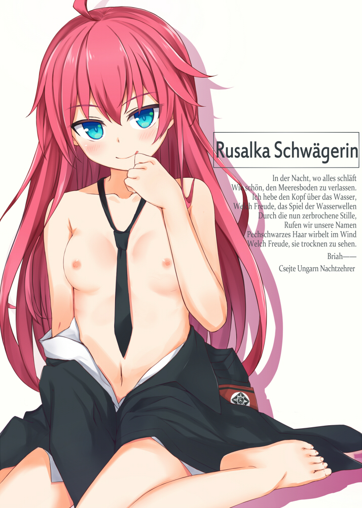 ahoge between_legs black_coat black_neckwear blue_eyes breasts character_name coat dies_irae fuji_kakei german hand_between_legs hand_to_own_mouth knees_together_feet_apart long_hair naked_coat naughty_face navel necktie nipples no_pants off_shoulder red_hair rusalka_schwagerin shirt sitting small_breasts smile solo topless translated white_shirt