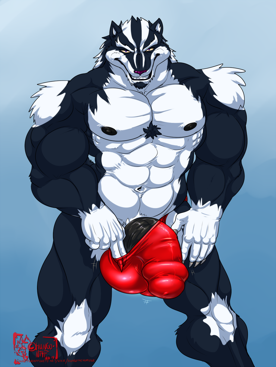 2019 5_fingers abs anthro badger barely_contained beard biceps big_muscles big_penis black_fur black_penis blue_background blue_eyes body_hair bulge chest_hair claws clothed clothing eyebrows facial_hair fur grin half-erect hand_on_thigh hi_res huge_penis humanoid_penis hungothenomster inviting looking_at_viewer male mammal multicolored_fur multicolored_skin muscular muscular_male muscular_thighs mustelid nipples pecs penis penis_outline pink_nose sharp_teeth simple_background smile solo standing teasing teeth thick_penis tight_underwear topless two_tone_fur two_tone_skin white_fur white_skin