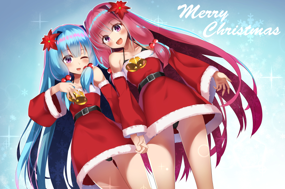 2girls :d ;d bangs bare_shoulders bell black_panties blue_hair blush christmas commentary_request detached_sleeves dress dutch_angle eyebrows_visible_through_hair flower fur-trimmed_dress fur-trimmed_sleeves fur_trim hair_bobbles hair_flower hair_ornament hand_holding hand_up interlocked_fingers kotonoha_akane kotonoha_aoi long_hair long_sleeves merry_christmas multiple_girls one_eye_closed open_mouth panties parutoneru purple_eyes red_dress red_flower red_hair red_sleeves sidelocks smile snowflakes sparkle underwear very_long_hair voiceroid wide_sleeves