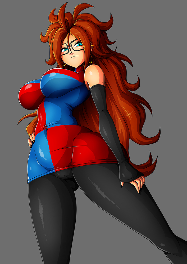 1girl android_21 arm_warmers big_hair black-framed_eyewear black_legwear black_nails blue_eyes breasts brown_hair curly_hair curvy dragon_ball dragon_ball_fighterz earrings female glasses grey_background hand_on_thigh hand_on_waist large_breasts long_hair multicolored_clothes multicolored_dress nail_polish pantyhose thick_thighs thighs witchking00