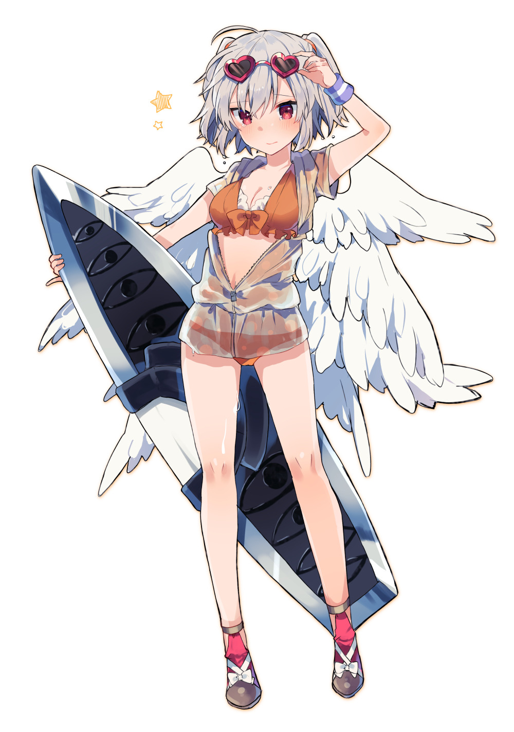 adjusting_eyewear ahoge angel_chromosome_xx angel_wings bikini blush closed_mouth contrapposto embarrassed eyewear_on_head frilled_bikini frills full_body grey_hair hand_up heart heart-shaped_eyewear highres holding ikeuchi_tanuma jacket looking_at_viewer multiple_wings open_clothes open_jacket orange_bikini red_eyes red_footwear see-through seraph shoes short_sleeves simple_background smile solo standing star sunglasses surfboard swimsuit tabris-xx two_side_up white_background white_wings wings wristband