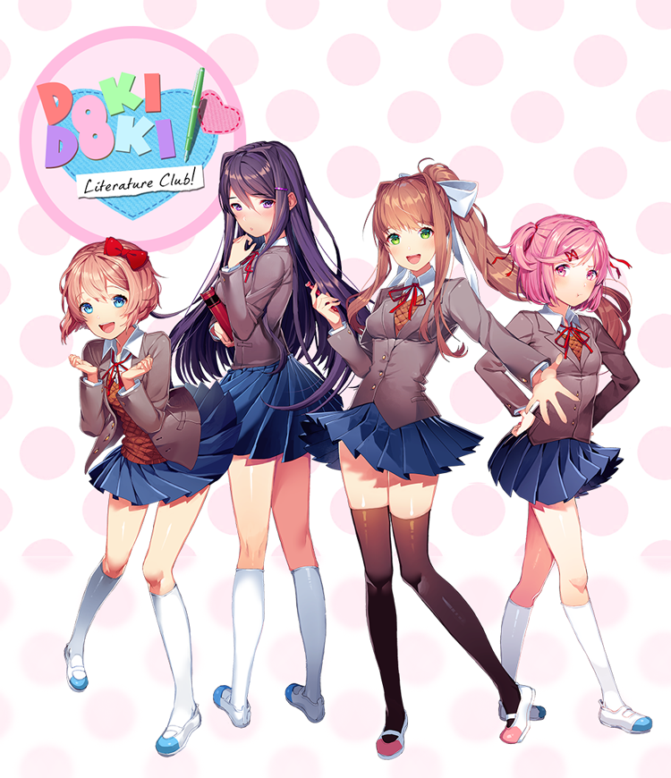:d ahoge bangs black_legwear blazer blue_eyes blue_skirt blunt_bangs blush book bow breasts brown_hair clenched_hands collared_shirt commentary copyright_name doki_doki_literature_club eyebrows_visible_through_hair full_body green_eyes hair_between_eyes hair_bow hair_ornament hairclip hands_on_hips head_tilt heart high_ponytail holding holding_book holding_pen jacket kneehighs long_hair long_sleeves looking_at_viewer looking_back medium_breasts monika_(doki_doki_literature_club) multiple_girls natsuki_(doki_doki_literature_club) neck_ribbon official_art open_blazer open_clothes open_jacket open_mouth outstretched_arm parted_lips pen pink_eyes pleated_skirt polka_dot polka_dot_background purple_eyes purple_hair red_bow red_ribbon ribbon satchely sayori_(doki_doki_literature_club) shirt shoes short_hair sidelocks skirt small_breasts smile standing swept_bangs thighhighs uwabaki very_long_hair white_background white_footwear white_legwear white_shirt wing_collar yuri_(doki_doki_literature_club)