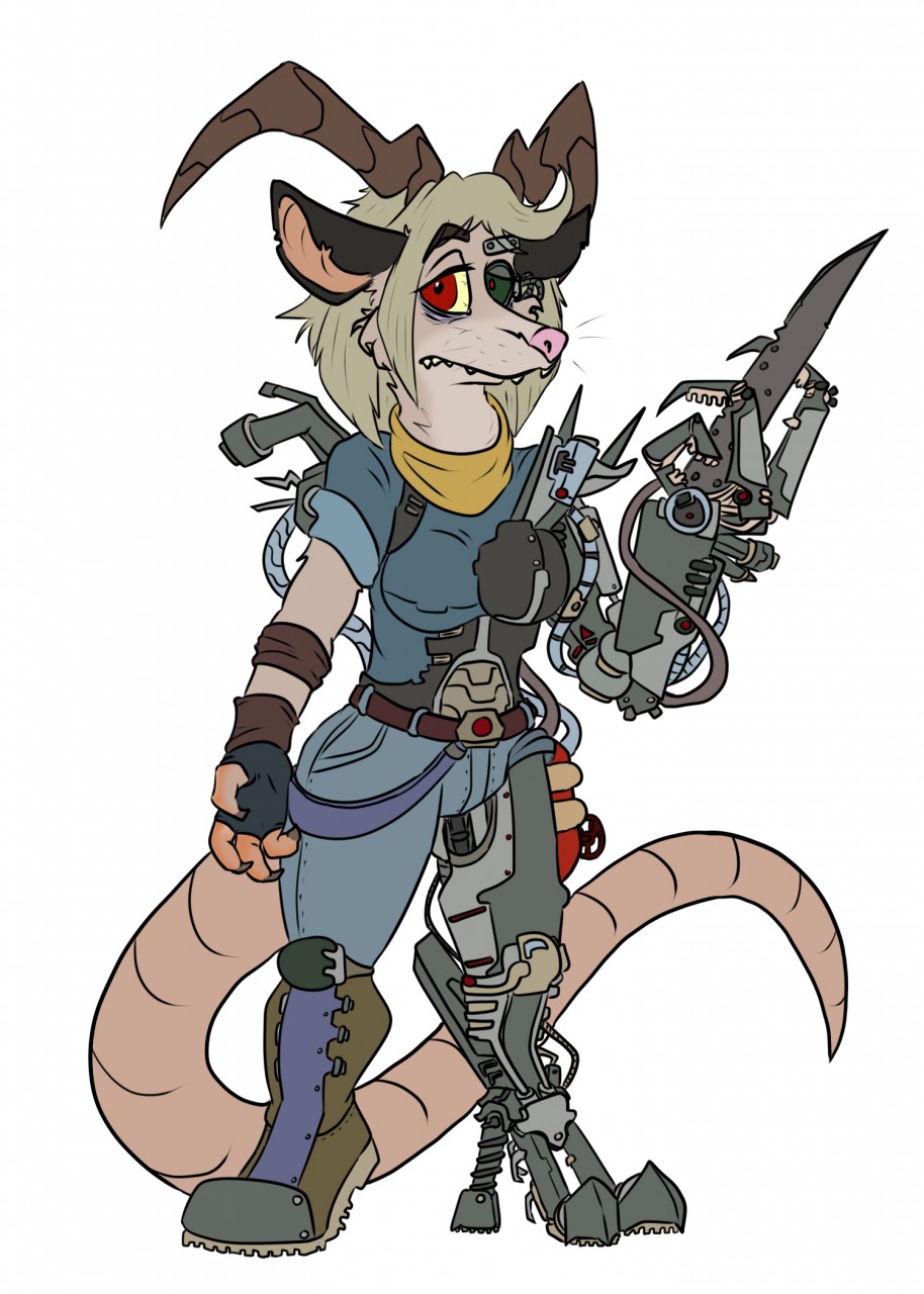 amputee armor cybernetics cyborg female grostenmeiers horn machine mammal marsupial opossum solo weapon