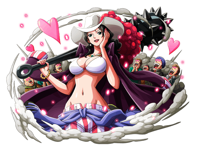 :d alvida black_hair bodskih breasts collarbone earrings groin hand_in_hair hat heart holding holding_weapon jewelry large_breasts lipstick long_hair makeup navel necklace one_piece open_mouth pants red_lips shiny shiny_skin smile stomach striped striped_pants sun_hat transparent_background weapon white_bikini_top white_hat
