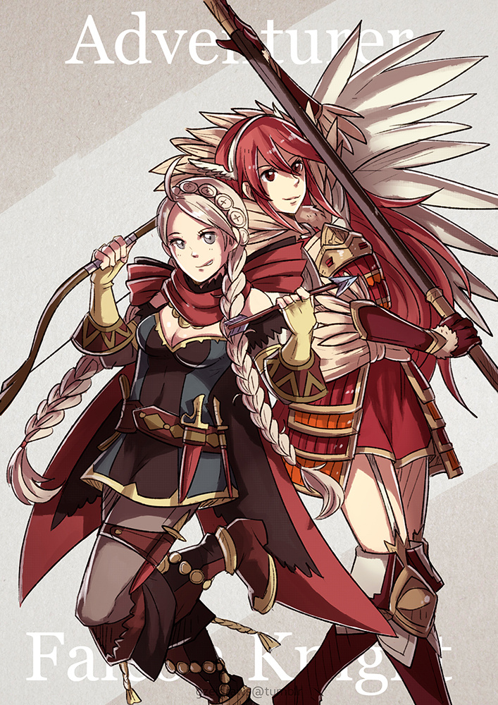 armor boots bow_(weapon) dagger eponine_(fire_emblem_if) fingerless_gloves fire_emblem fire_emblem_if gloves gzei holding holding_weapon japanese_clothes long_hair looking_at_viewer matoi_(fire_emblem_if) multiple_girls polearm ponytail red_hair smile spear thighhighs weapon white_hair