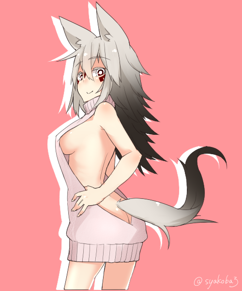 akasha_(syakoba) animal_ears backless_dress backless_outfit bare_arms bare_shoulders blush breasts bright_pupils butt_crack closed_mouth cowboy_shot dress eyebrows_visible_through_hair facial_mark fox_ears fox_tail from_side grey_hair hair_between_eyes large_breasts long_hair looking_at_viewer meme_attire naked_sweater original pink_background shako_(syakoba3) sideboob simple_background smile solo standing sweater tail virgin_killer_sweater yellow_eyes