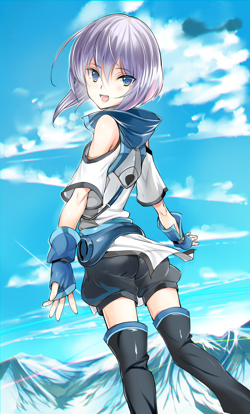 ahoge ass black_legwear blue_eyes blue_gloves blue_sky chromatic_aberration cloud coin_rand commentary_request day ernesti_echevalier fingerless_gloves gloves highres knight's_&amp;_magic looking_at_viewer looking_back male_focus mountain open_mouth shorts shoulder_cutout silver_hair sky smile solo thighhighs tsurime