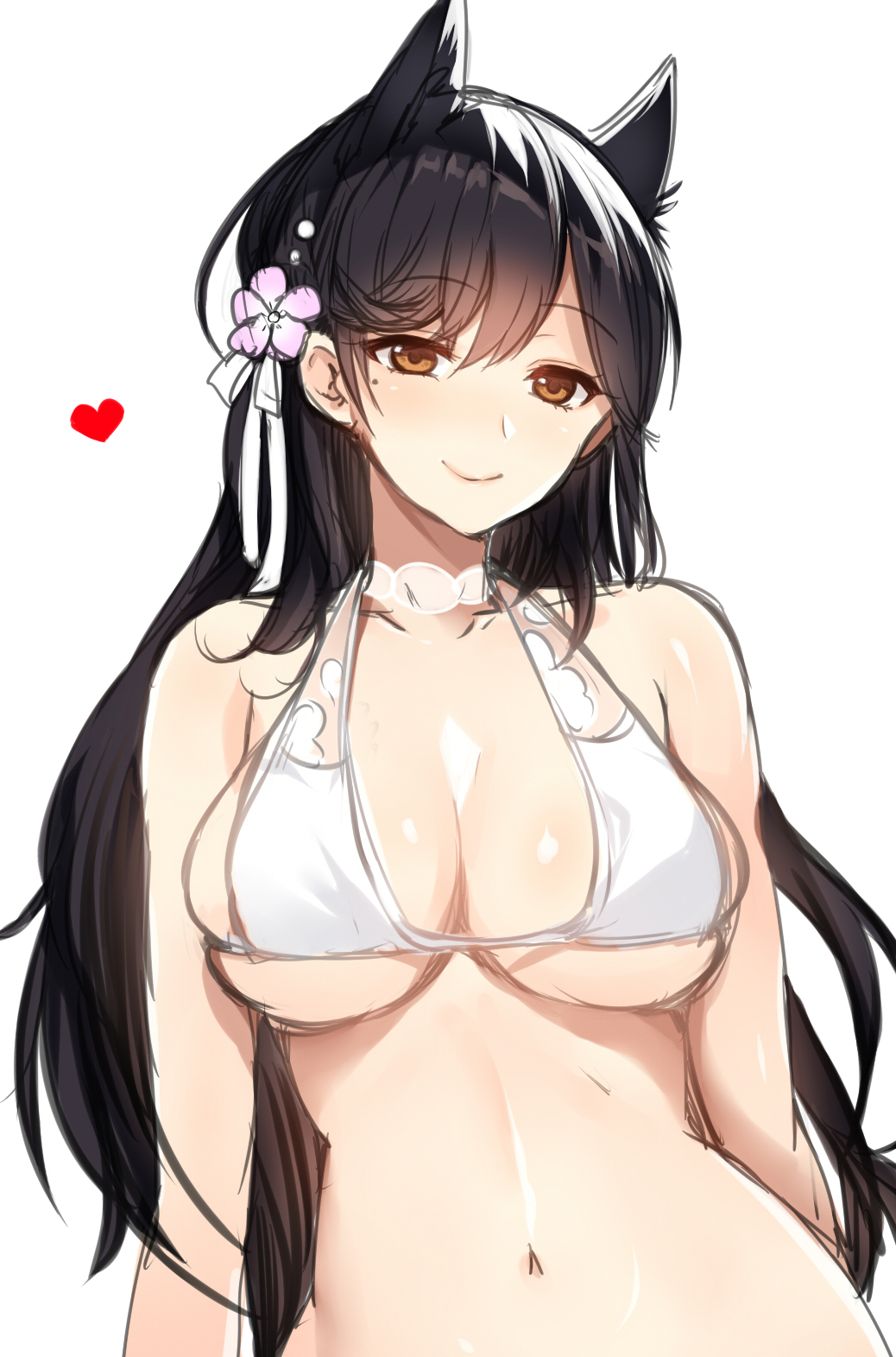 animal_ears atago_(azur_lane) azur_lane bangs banned_artist bare_arms bare_shoulders bikini_top black_hair blush breasts brown_eyes cleavage extra_ears eyebrows_visible_through_hair flower hair_flower hair_ornament head_tilt heart highres large_breasts long_hair looking_at_viewer mole mole_under_eye navel shiny shiny_skin simple_background sketch skindentation solo stomach swept_bangs tsukiriran upper_body very_long_hair white_background white_bikini_top