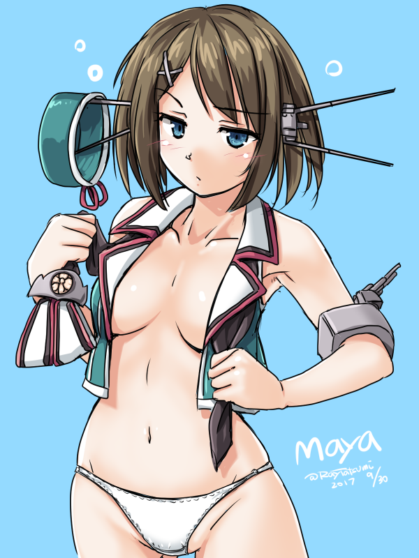 armpits bare_shoulders blue_background blue_eyes blush breasts breasts_apart brown_hair closed_mouth collarbone cowboy_shot dated eyebrows_visible_through_hair green_hat green_vest groin half-closed_eyes hat hat_removed headgear headwear_removed kantai_collection legs_apart maya_(kantai_collection) medium_breasts navel no_bra open_clothes open_vest panties partially_visible_vulva remodel_(kantai_collection) short_hair simple_background sleepy solo standing stomach tatsumi_ray underwear vest white_panties