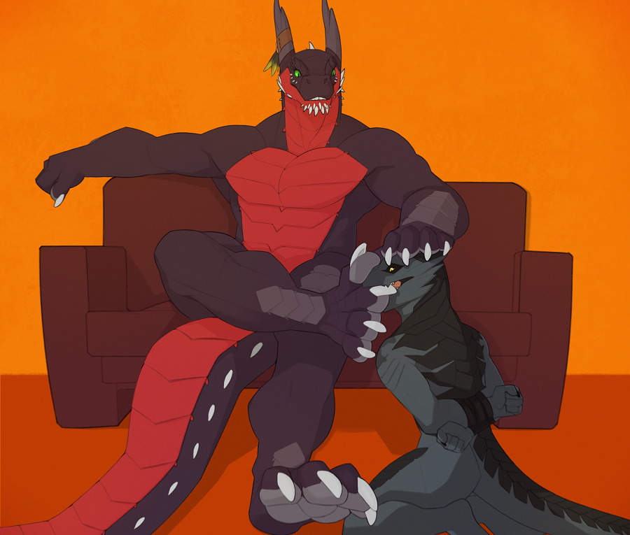 amit anthro bdsm biceps big_feet black_scales bound claws crossed_legs domination dragon duo foot_fetish foot_lick garrett_clarke green_eyes holding_head horn kneeling licking male male/male muscular muscular_male nude pecs red_scales scales scalie simple_background sitting size_difference smile sofa syrrik thick_tail tongue tongue_out video_games