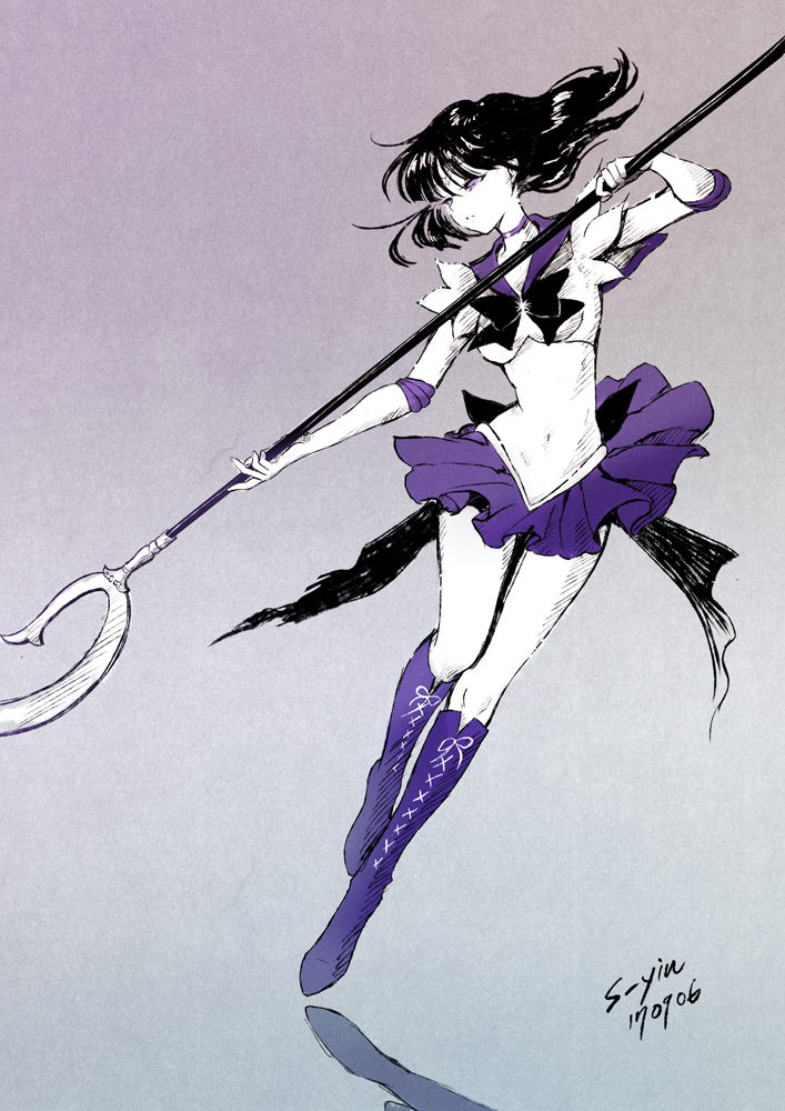 bishoujo_senshi_sailor_moon black_hair boots cross-laced_footwear dated elbow_gloves full_body gloves half-closed_eyes holding knee_boots looking_to_the_side monochrome partially_colored purple_eyes purple_footwear purple_sailor_collar purple_skirt s-yin sailor_collar sailor_saturn sailor_senshi_uniform short_hair signature silence_glaive simple_background skirt solo tomoe_hotaru weapon