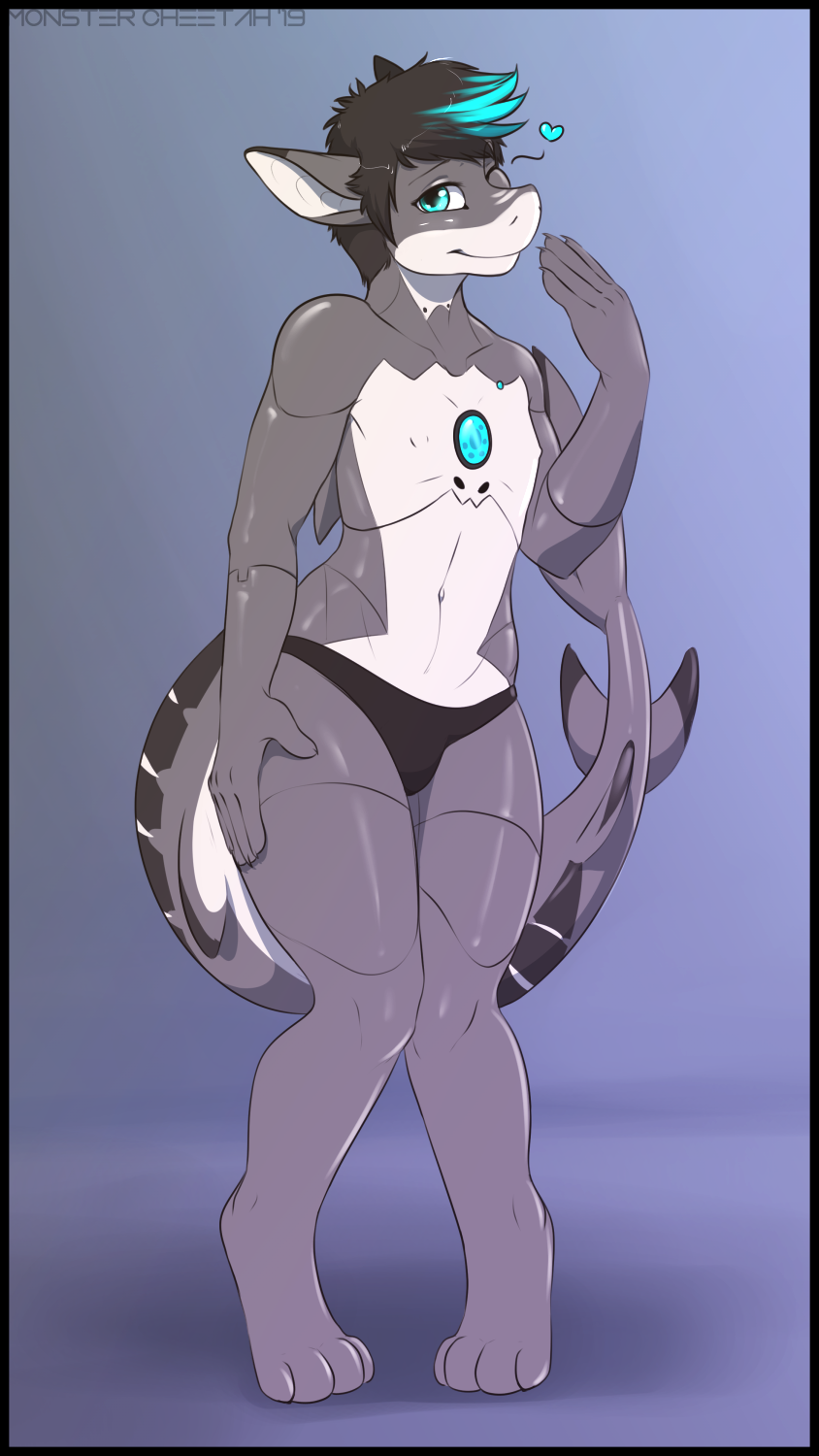 &lt;3 anthro bulge clothing cybernetics cyborg excitedcargoyle fish hair looking_at_viewer machine male marine shark smile solo standing underwear wide_hips