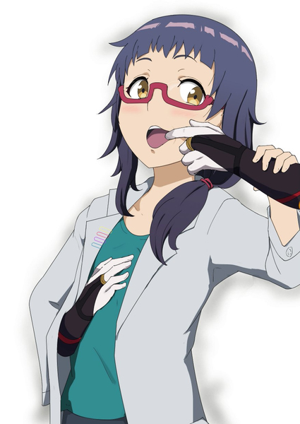 1girl finger_to_mouth glasses hand_in_mouth hand_on_another's_chest open_mouth purple_hair red-framed_glasses scientist seikaisuru_kado shinawa_kanata side_ponytail teeth yaha-kui_zashunina yellow_eyes