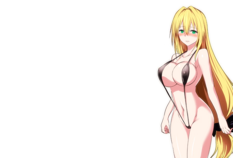 1girl blonde_hair blush breasts closed_mouth erect_nipples game_cg green_eyes groin hair_between_eyes highres large_breasts legs long_hair looking_at_viewer navel nuko_majin revealing_clothes simple_background sling_bikini solo standing tearju_lunatique thighs to_love-ru to_love-ru_darkness