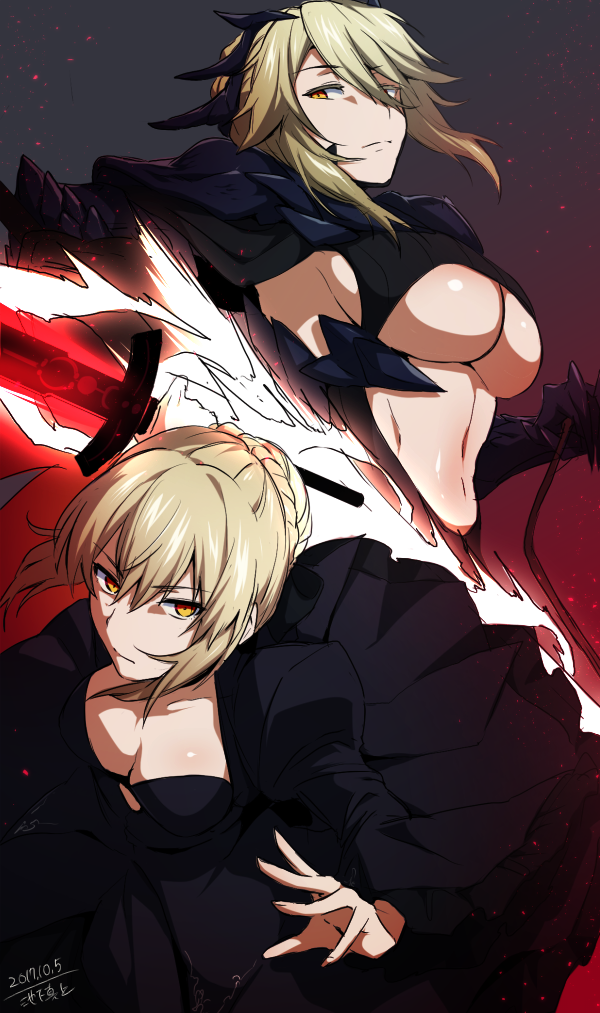 artist_name artoria_pendragon_(all) artoria_pendragon_(lancer_alter) black_dress black_gloves blonde_hair bodysuit breasts cleavage commentary_request covered_nipples dark_excalibur dress fate/grand_order fate_(series) gloves glowing hair_up headgear holding holding_sword holding_weapon ikeshita_moyuko large_breasts looking_at_viewer multiple_girls no_bra saber_alter sidelocks sword underboob weapon yellow_eyes