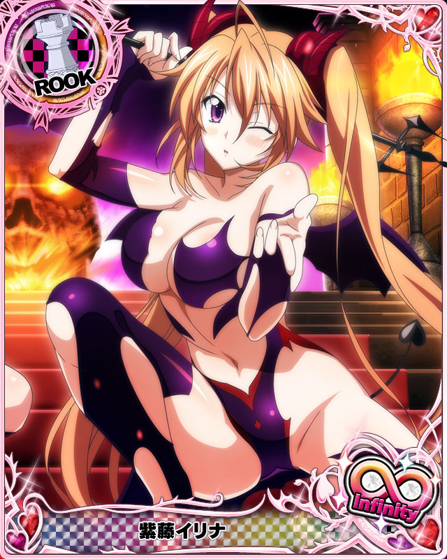 1girl blonde_hair breasts cleavage high_school_dxd large_breasts navel purple_eyes shidou_irina torn_clothes twintails