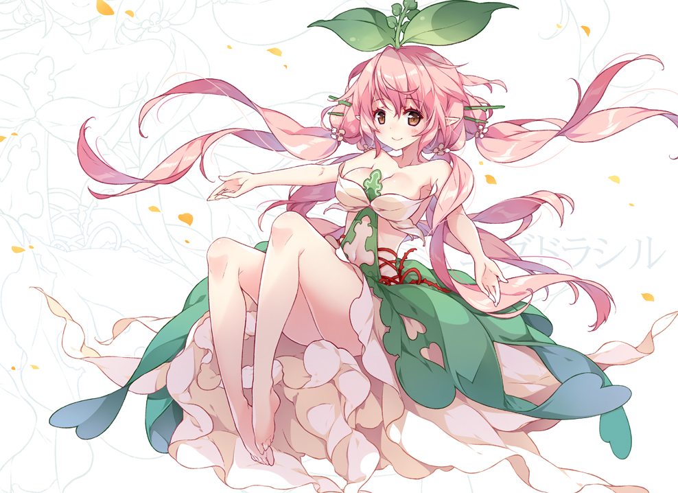 bare_legs bare_shoulders blush breasts brown_eyes cleavage dress granblue_fantasy hair_ornament hair_stick leaf leaf_on_head long_hair looking_at_viewer low_twintails medium_breasts pink_dress pink_hair plant_girl pointy_ears reina_(black_spider) smile solo twintails yggdrasil_(granblue_fantasy)