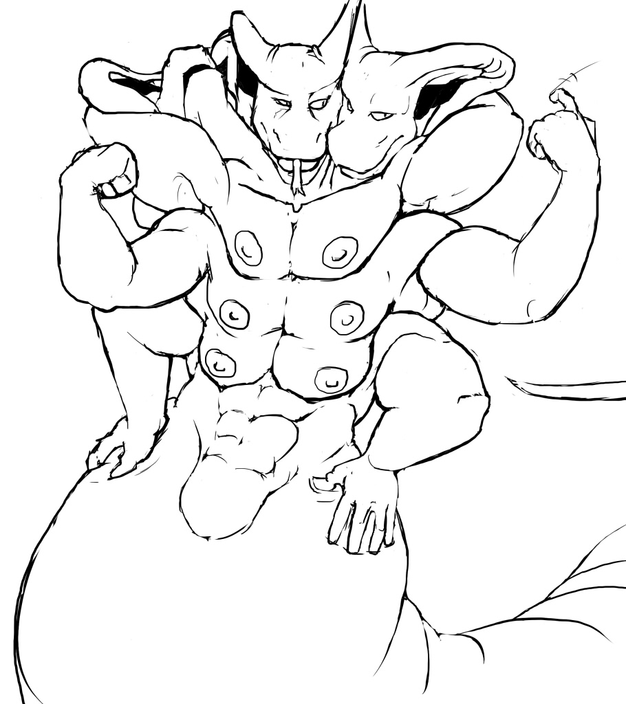 3_heads 6_arms 6_nipples anthro beckoning bicep_flex conjoined forked_tongue human_to_anthro mental_change merging multi_arm multi_head multi_limb multi_pec naga reptile scalie sketch snake swatcher tongue transformation