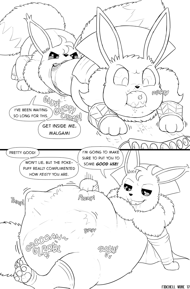 angry anthro belly black_and_white bulge comic eevee english_text feral fidchellvore happy looking_down malgam monochrome nintendo oral_vore pok&eacute;mon pok&eacute;mon_(species) soft sound_effects stomach text vee video_games vore