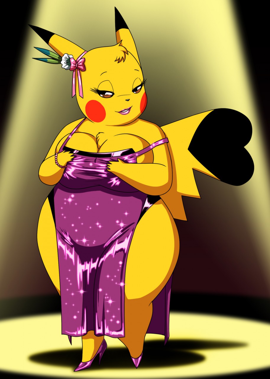 big_breasts bracelet breasts cleft_tail clothing cosplay_pikachu crovirus female flower footwear high_heels jewelry lipstick looking_at_viewer makeup nintendo pikachu plant pok&eacute;mon pok&eacute;mon_(species) purple_dress ribbons shoes solo sparkle spotlight video_games