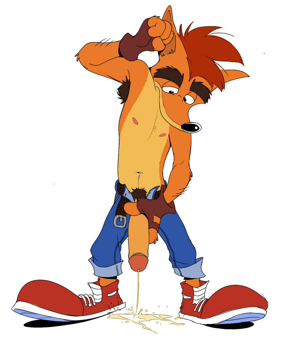 bandicoot crash_bandicoot crash_bandicoot_(series) erection fur humanoid_penis male mammal marsupial mudhound peeing penis simple_background solo toony urine video_games white_background