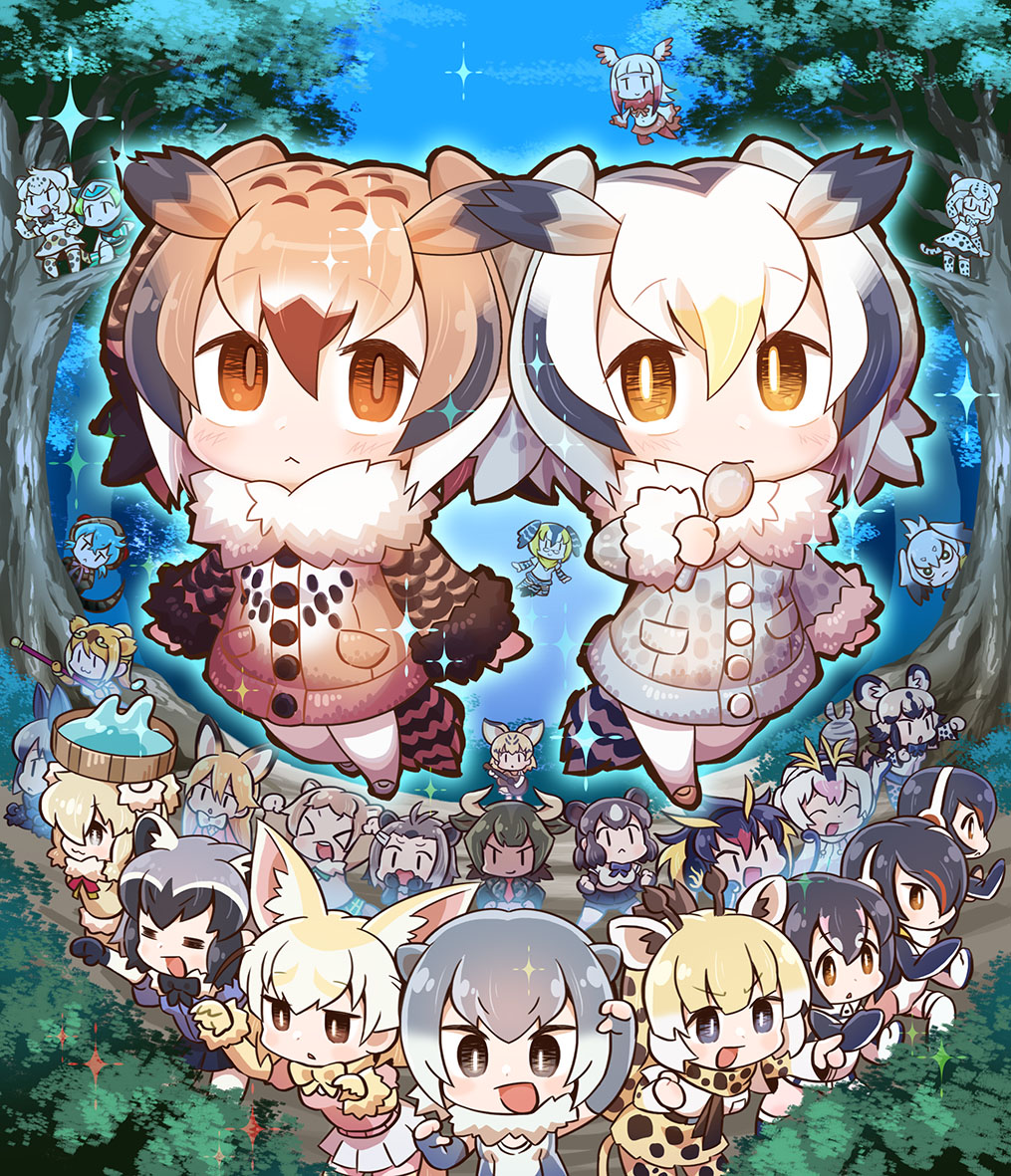 &gt;_&lt; :&lt; :3 :d =_= african_wild_dog_(kemono_friends) alpaca_suri_(kemono_friends) american_beaver_(kemono_friends) animal_ears arm_up aurochs_(kemono_friends) bangs bear_ears beaver_ears black-tailed_prairie_dog_(kemono_friends) black_hair blonde_hair blunt_bangs bow bowtie brown_bear_(kemono_friends) brown_eyes brown_hair campo_flicker_(kemono_friends) chaki_(teasets) chibi commentary_request common_raccoon_(kemono_friends) cover_image crossed_arms dog_ears elbow_gloves emperor_penguin_(kemono_friends) eurasian_eagle_owl_(kemono_friends) eyebrows_visible_through_hair ezo_red_fox_(kemono_friends) fennec_(kemono_friends) fighting_stance fingerless_gloves flying fox_ears full_body fur_collar gentoo_penguin_(kemono_friends) giraffe_ears giraffe_horns giraffe_print giraffe_tail glasses gloves golden_snub-nosed_monkey_(kemono_friends) green_hair guitar hair_over_one_eye head_wings hood hoodie horns humboldt_penguin_(kemono_friends) in_tree instrument jaguar_(kemono_friends) japanese_crested_ibis_(kemono_friends) kemono_friends long_sleeves margay_(kemono_friends) multicolored_hair multiple_girls necktie northern_white-faced_owl_(kemono_friends) one-piece_swimsuit open_mouth otter_ears panther_chameleon_(kemono_friends) penguins_performance_project_(kemono_friends) pleated_skirt pointing prairie_dog_ears profile raccoon_ears reticulated_giraffe_(kemono_friends) rockhopper_penguin_(kemono_friends) royal_penguin_(kemono_friends) sand_cat_(kemono_friends) savanna_striped_giant_slug_(kemono_friends) shoebill_(kemono_friends) short_hair silver_fox_(kemono_friends) skirt small-clawed_otter_(kemono_friends) smile sparkle spoon swimsuit tree tsuchinoko_(kemono_friends) white_hair white_neckwear white_skirt